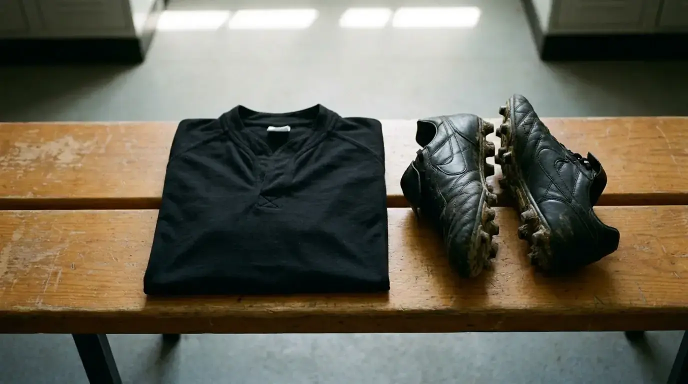 Black rugby jersey folded on a changing-room bench beside a pair of boots