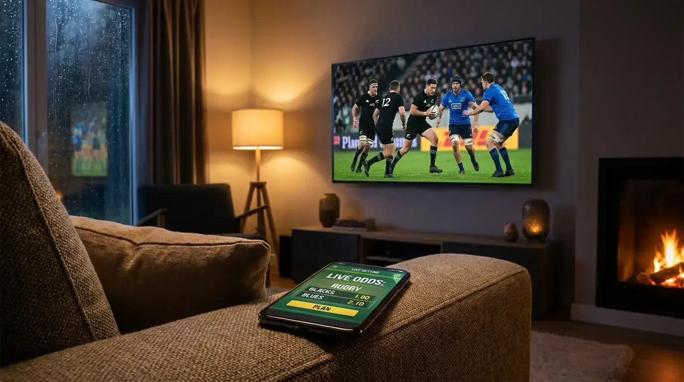 TV showing a rugby match with a smartphone live-betting interface on a sofa