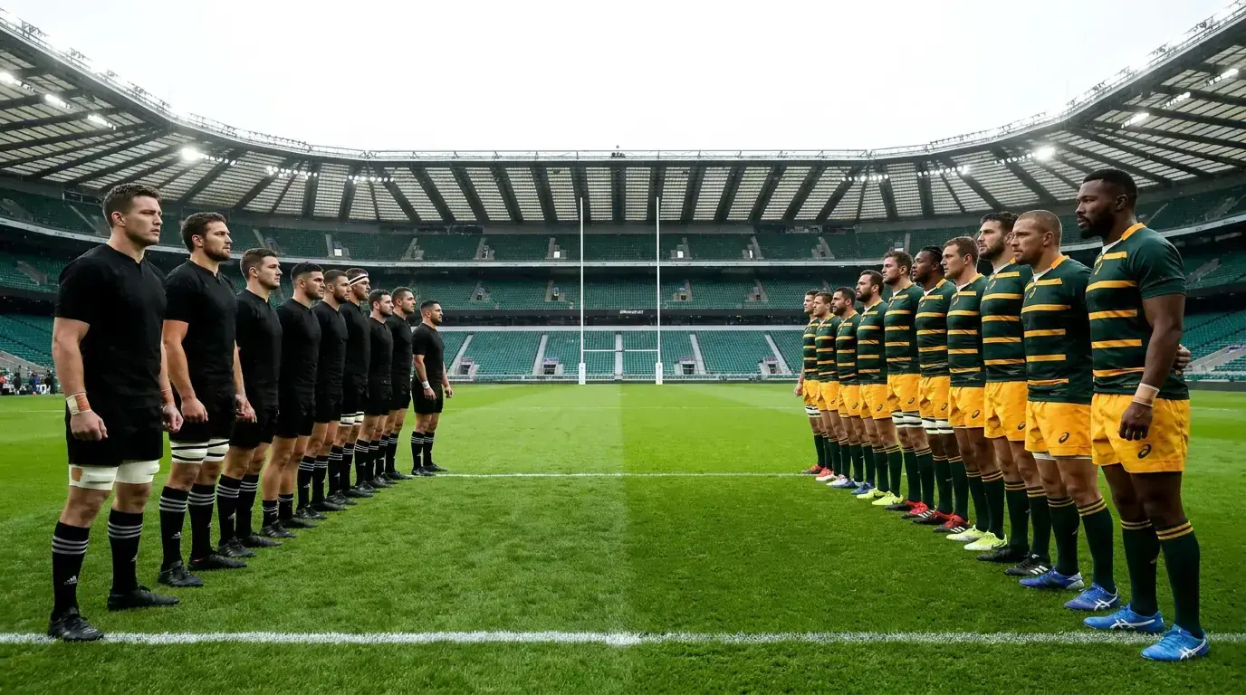 Two professional rugby teams in black and green jerseys lining up before kick-off for a test match