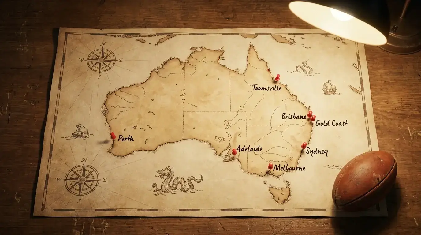 Map of Australia highlighting the seven Rugby World Cup 2027 host cities