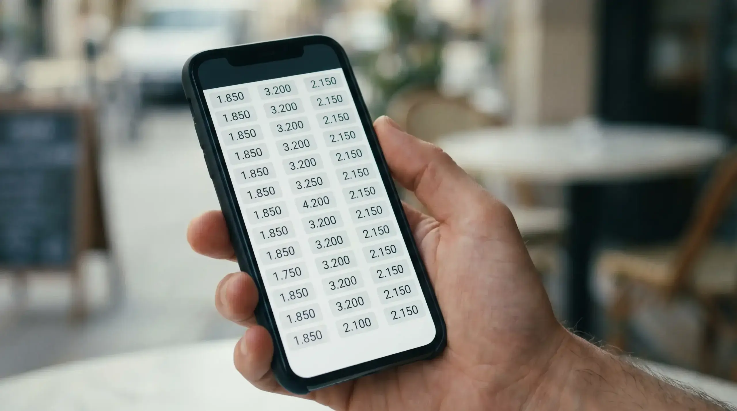 Smartphone in hand showing a clean decimal-format odds screen