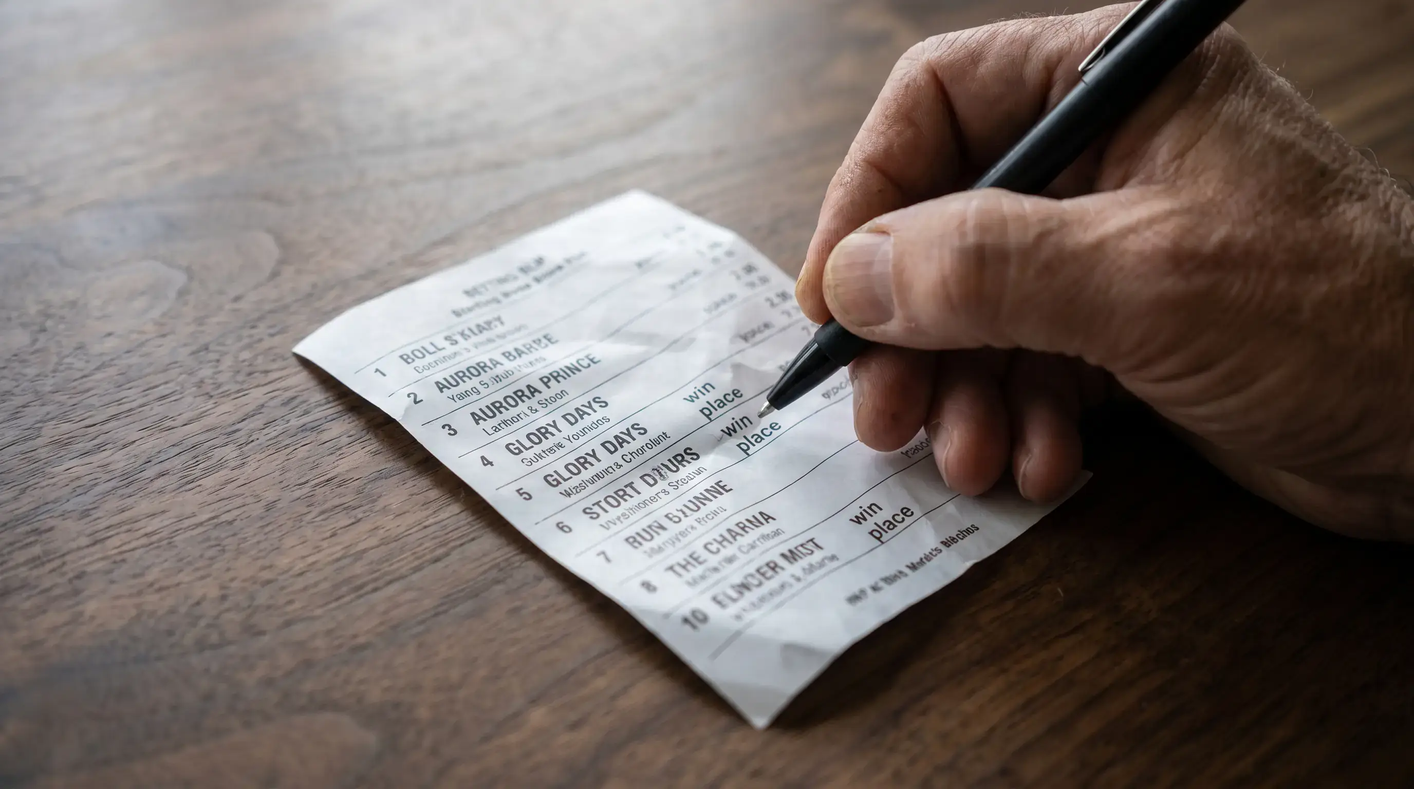 Printed paper betting slip detail showing win and place portions handwritten