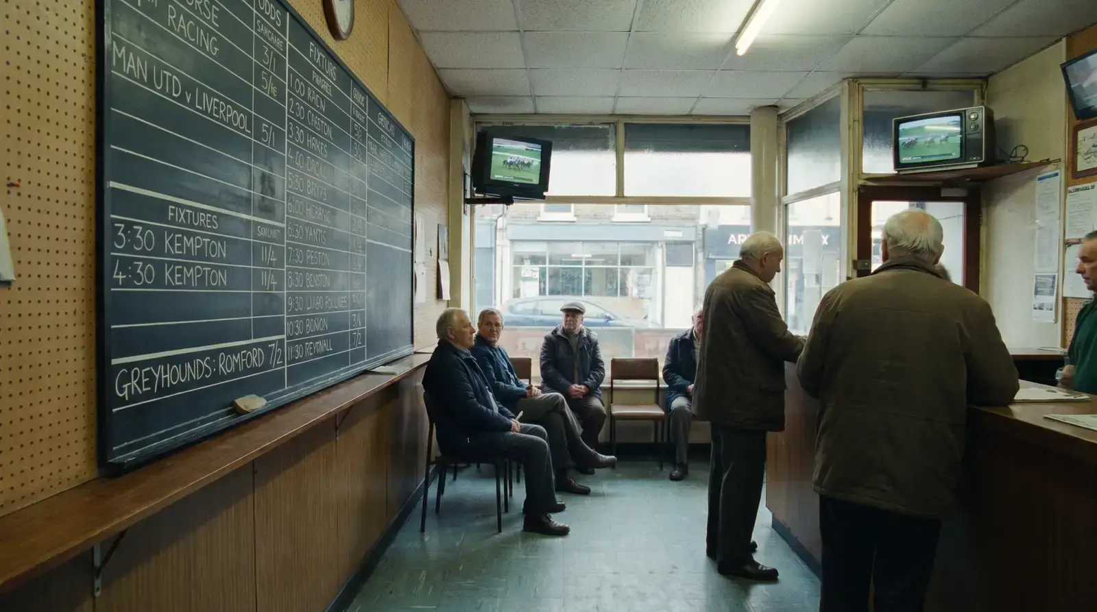 High-street betting shop board with fractional odds displayed