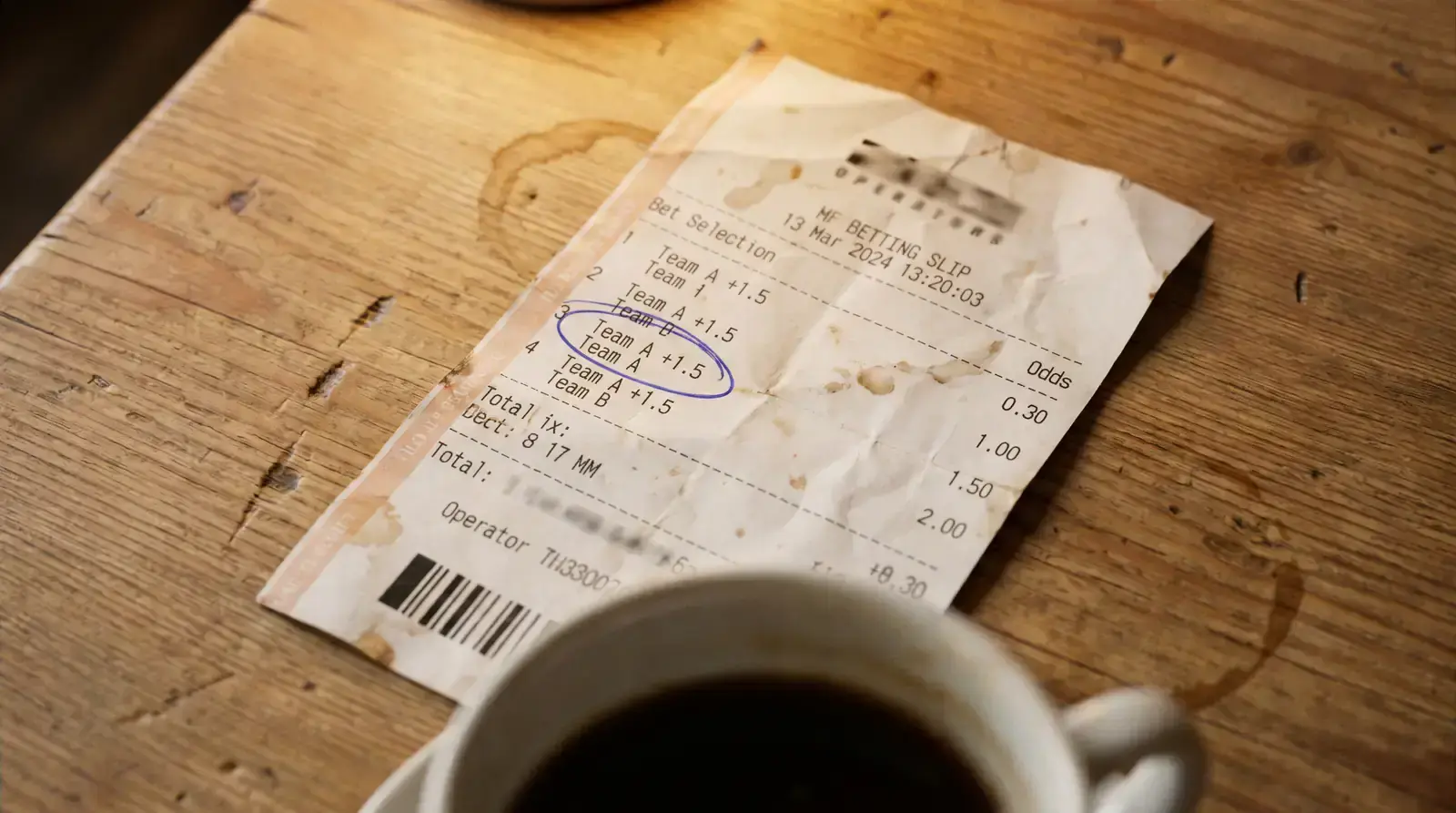 Printed paper betting slip with a points handicap selection circled in pen