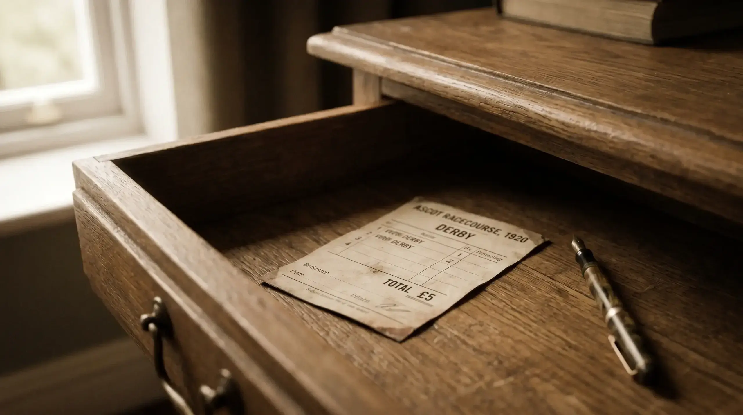Printed paper betting slip sitting in an open desk drawer next to a pen