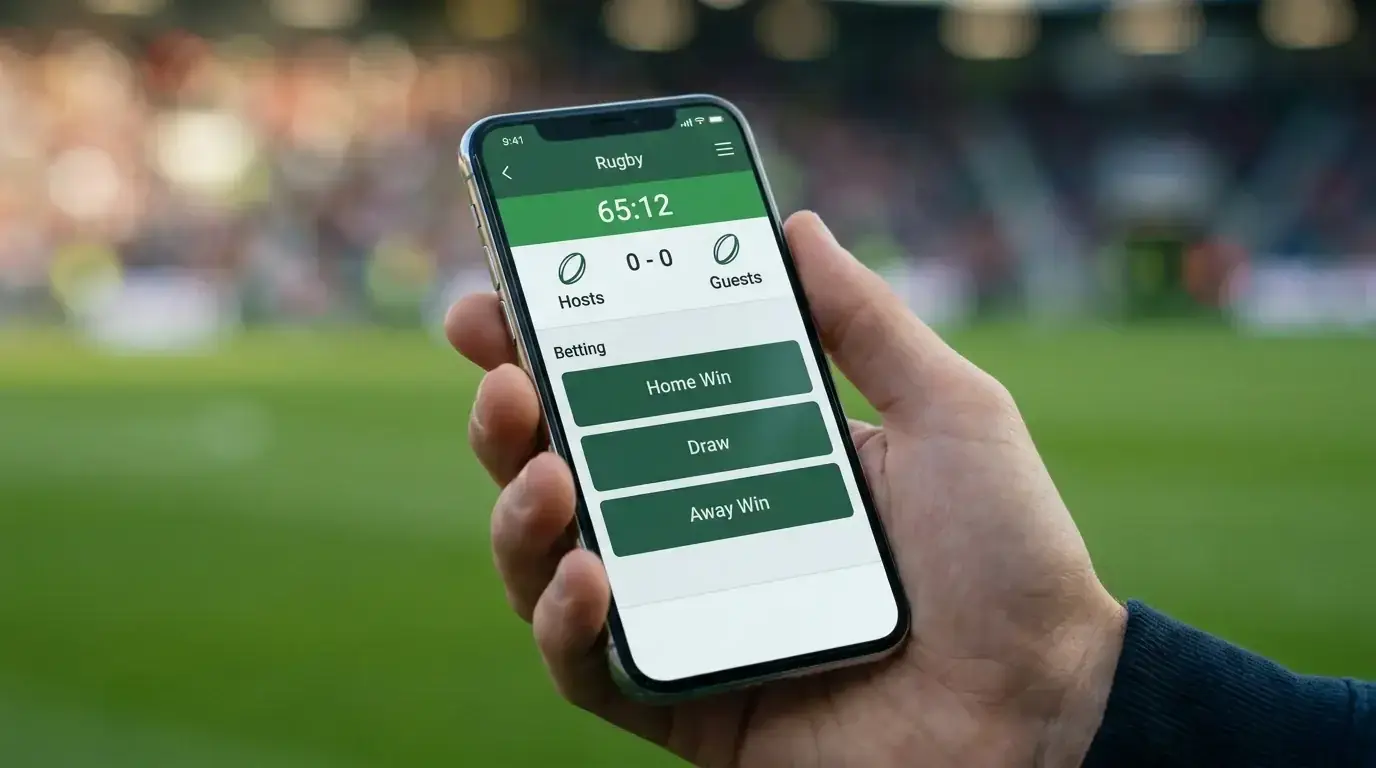 Smartphone screen showing a generic live rugby betting interface