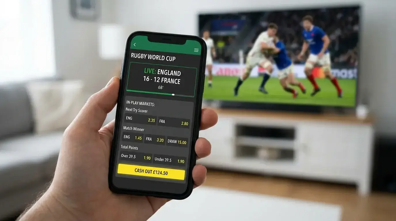 Mobile sportsbook app open on a Rugby World Cup live betting screen