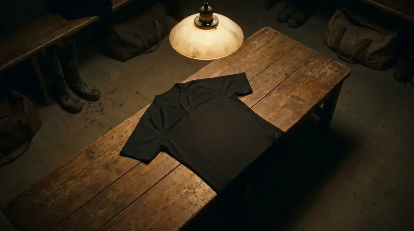 All Blacks-style black rugby jersey laid flat on a wooden bench in a changing room