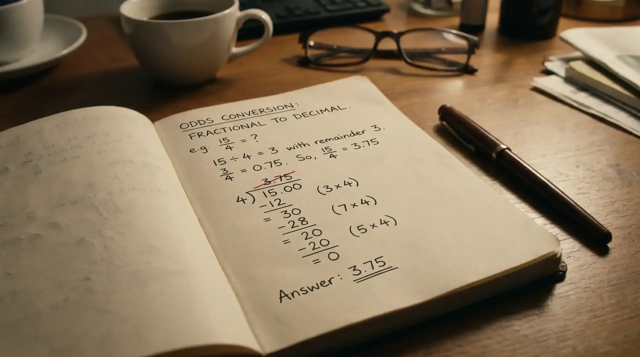 Handwritten odds-conversion formula in a paper notebook