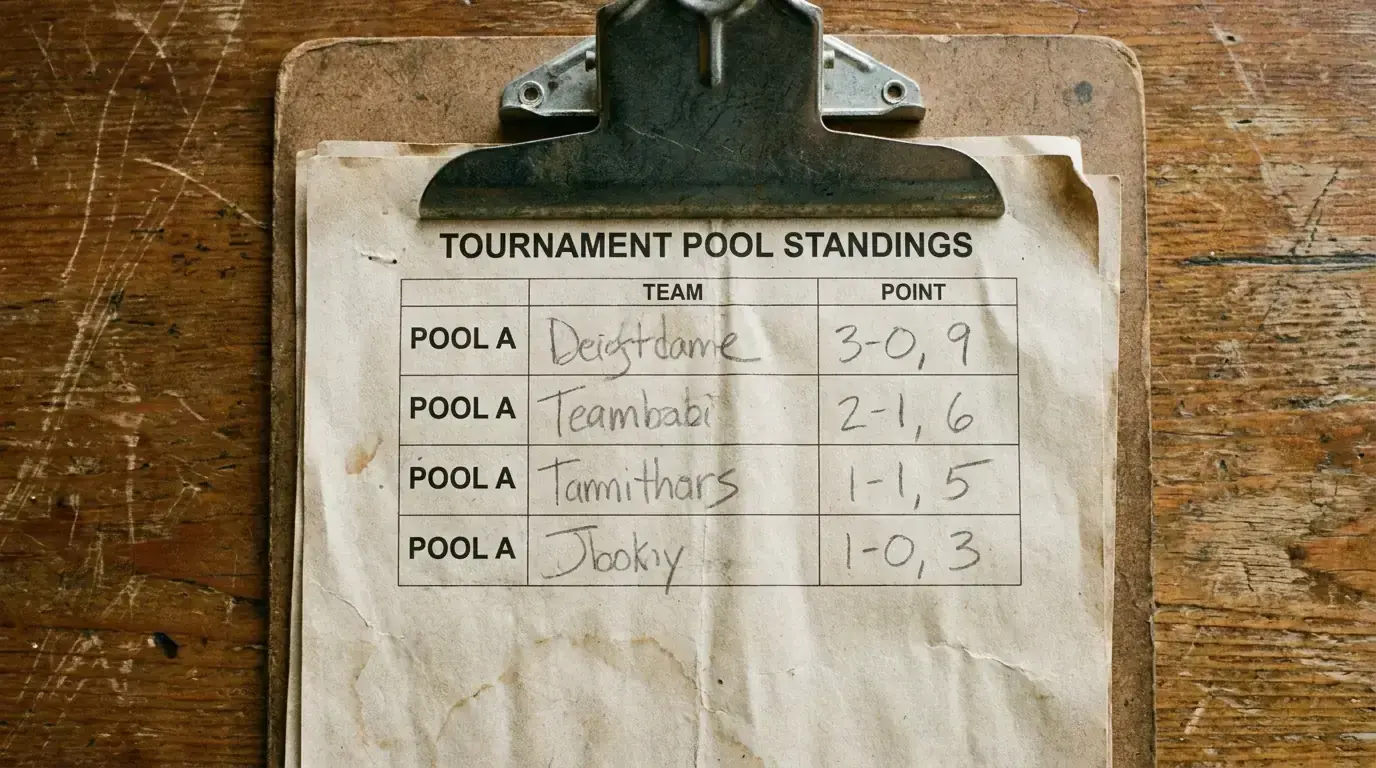 Printed tournament pool table on a clipboard with team rows and points columns