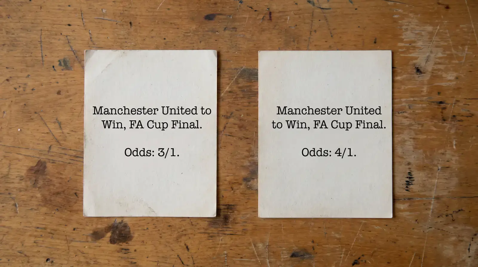 Two paper price cards side by side showing different odds on the same selection