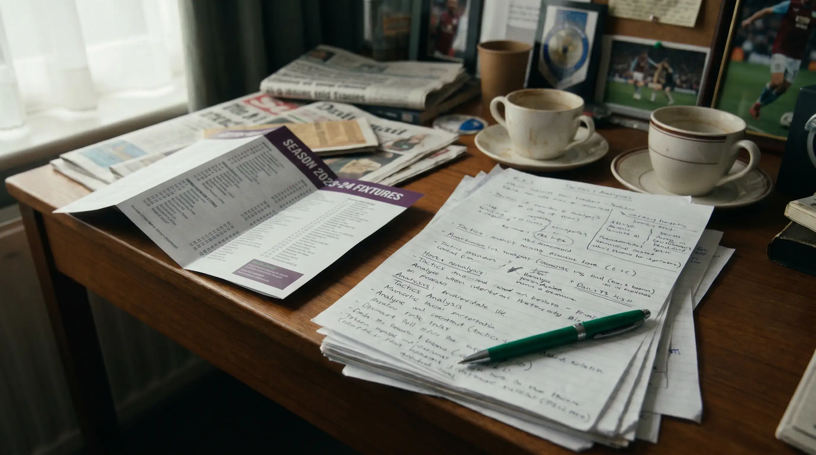 Sports pundit's desk with handwritten notes and a folded fixture pamphlet