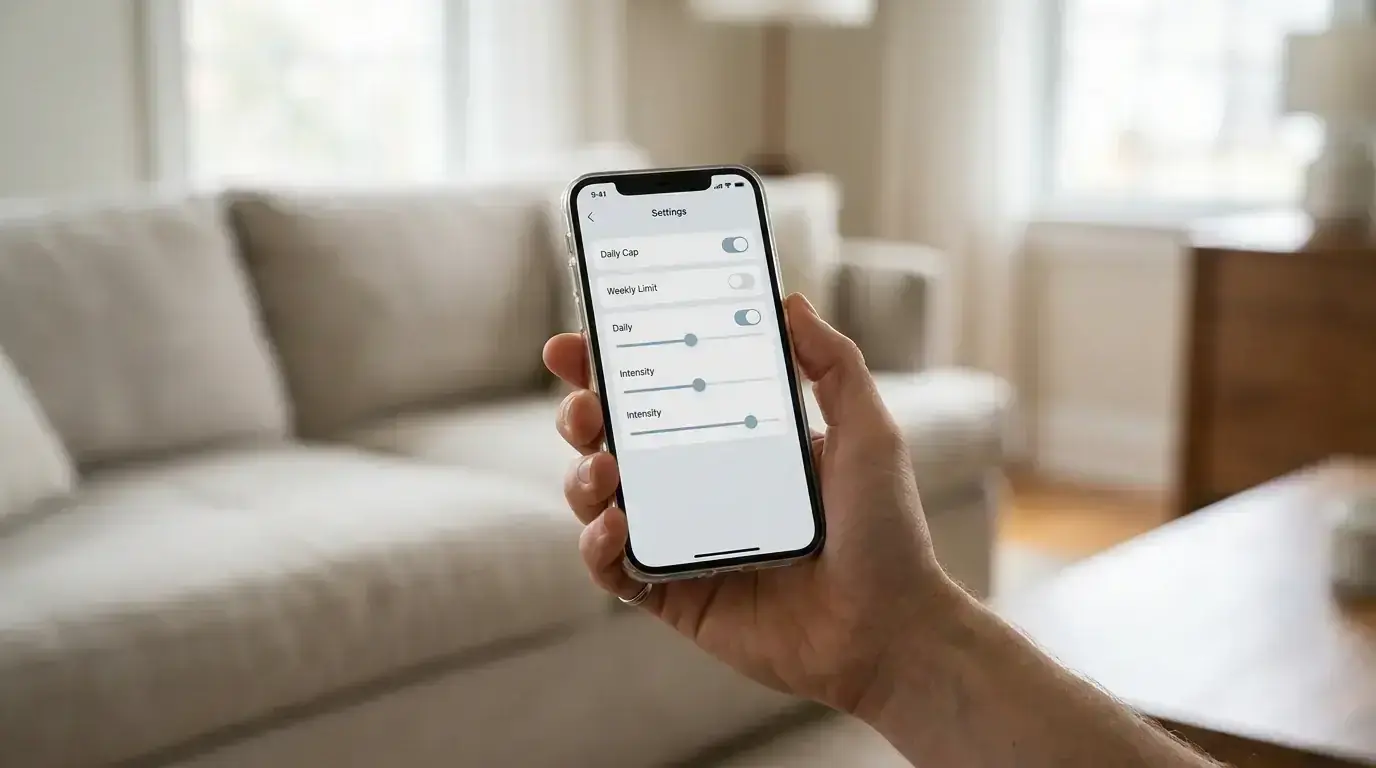 Adult hand holding a smartphone showing deposit limit and self-exclusion settings on a betting account