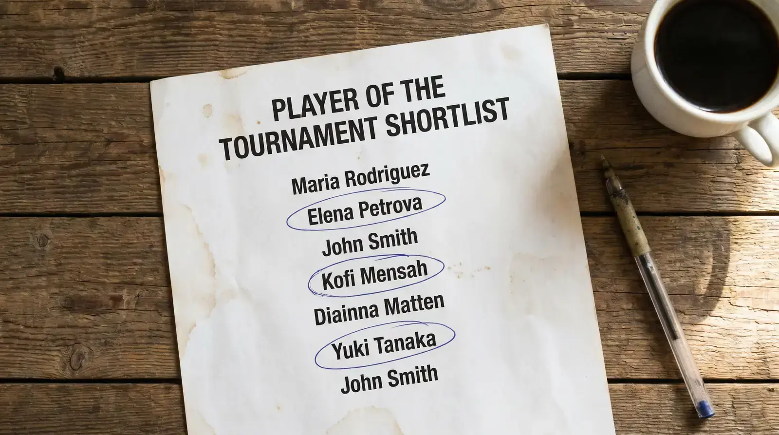 Printed paper award shortlist with three names penned through