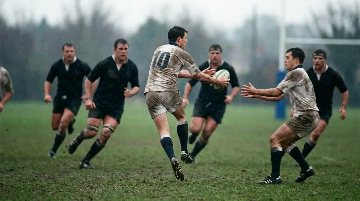 Rugby back line in attacking pattern across the pitch