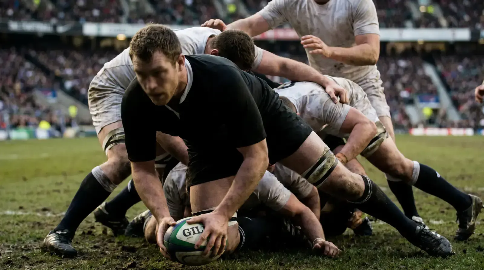 Rugby back-row forward winning a jackal turnover