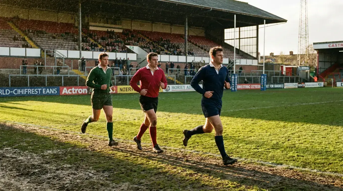 Three rugby backs warming up together on the pitch before kick-off