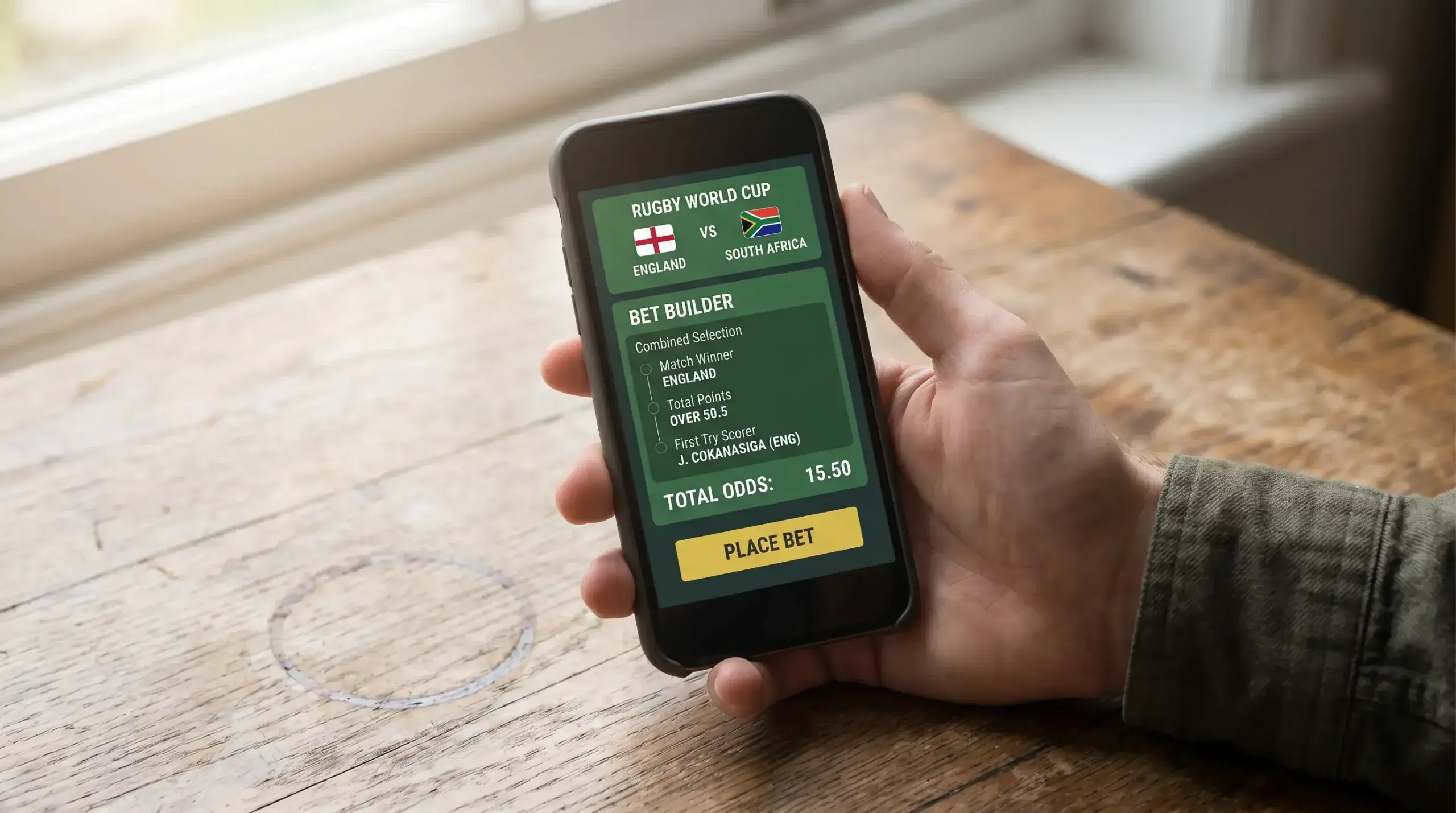 Rugby bet builder slip combining match winner total points and try scorer in one fixture