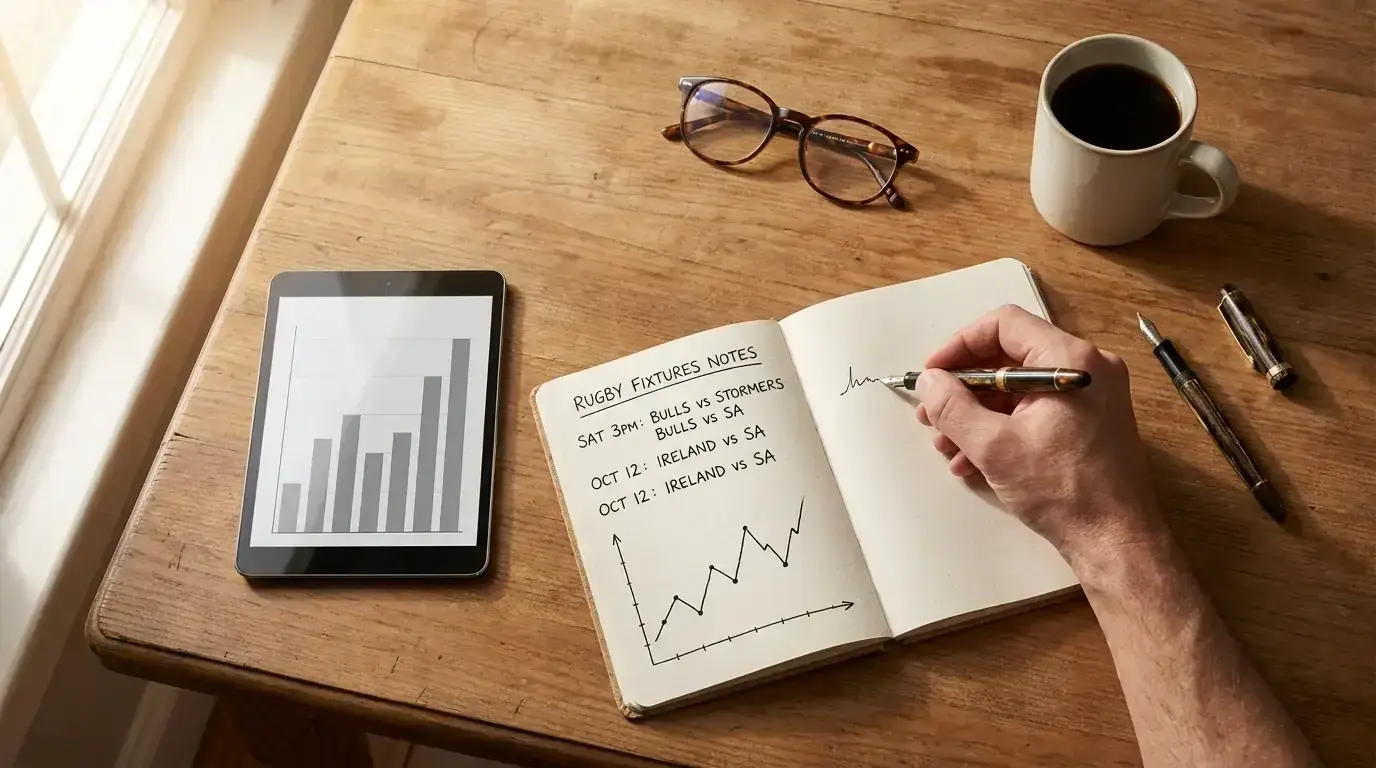 Person reviewing a notebook with handwritten rugby fixture notes and a tablet showing performance data