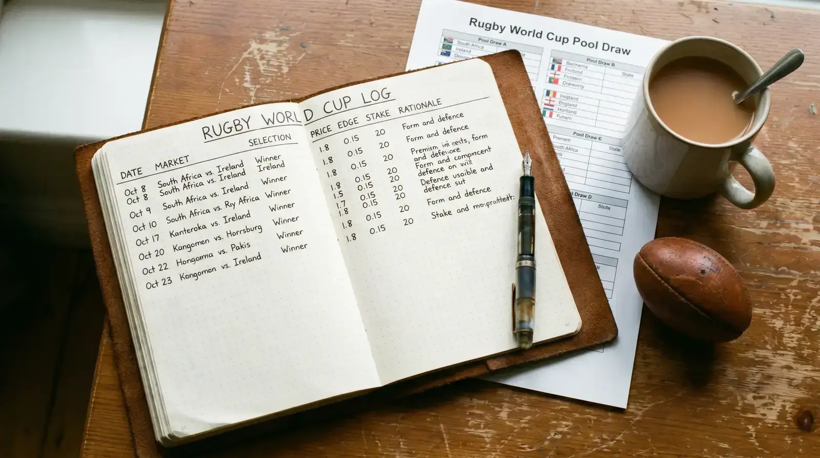 Handwritten betting journal logging Rugby World Cup outright selections and edges