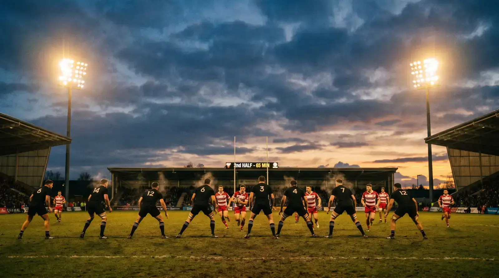 Rugby second-half phase play with a defensive structure forming