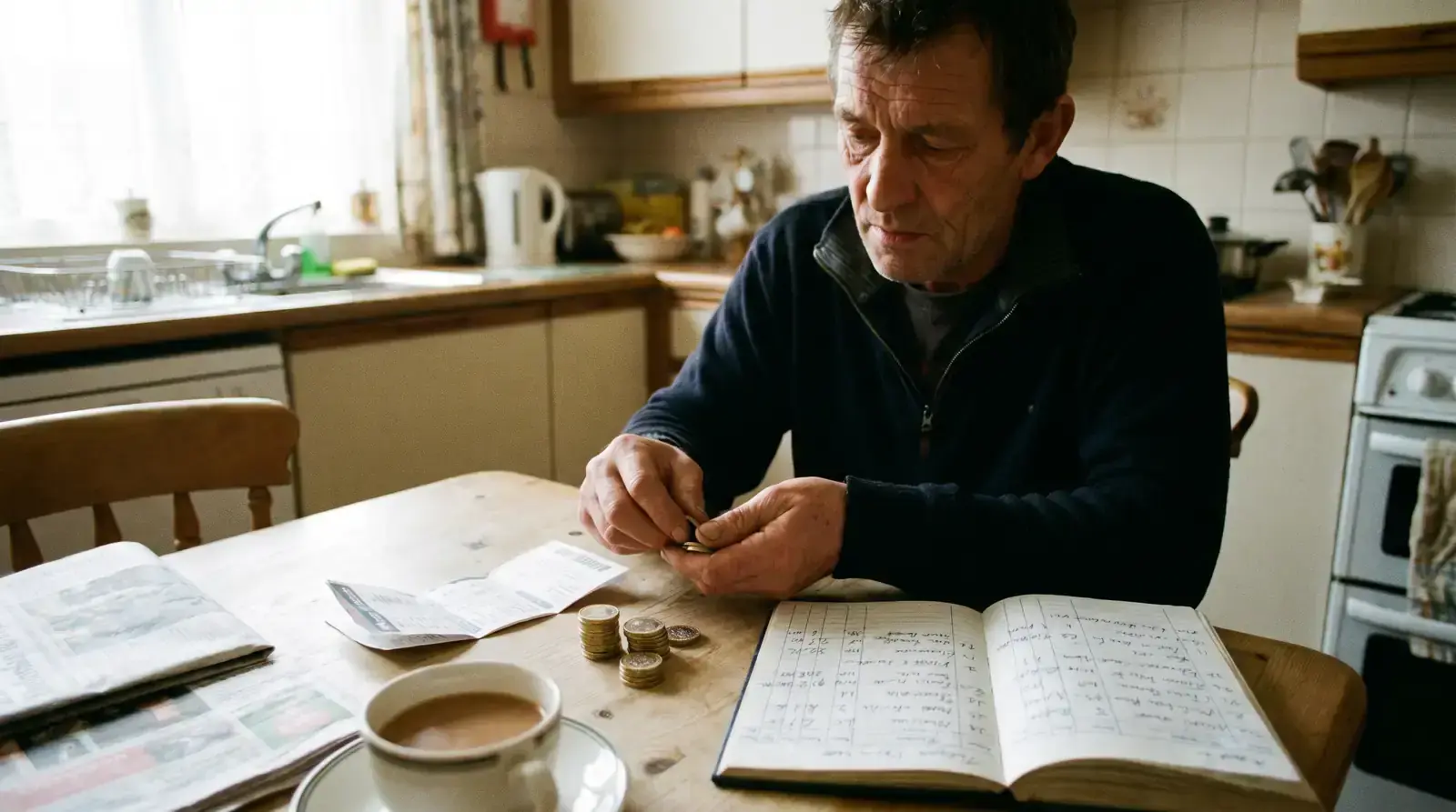 A bettor counting a small stack of coins beside a slip