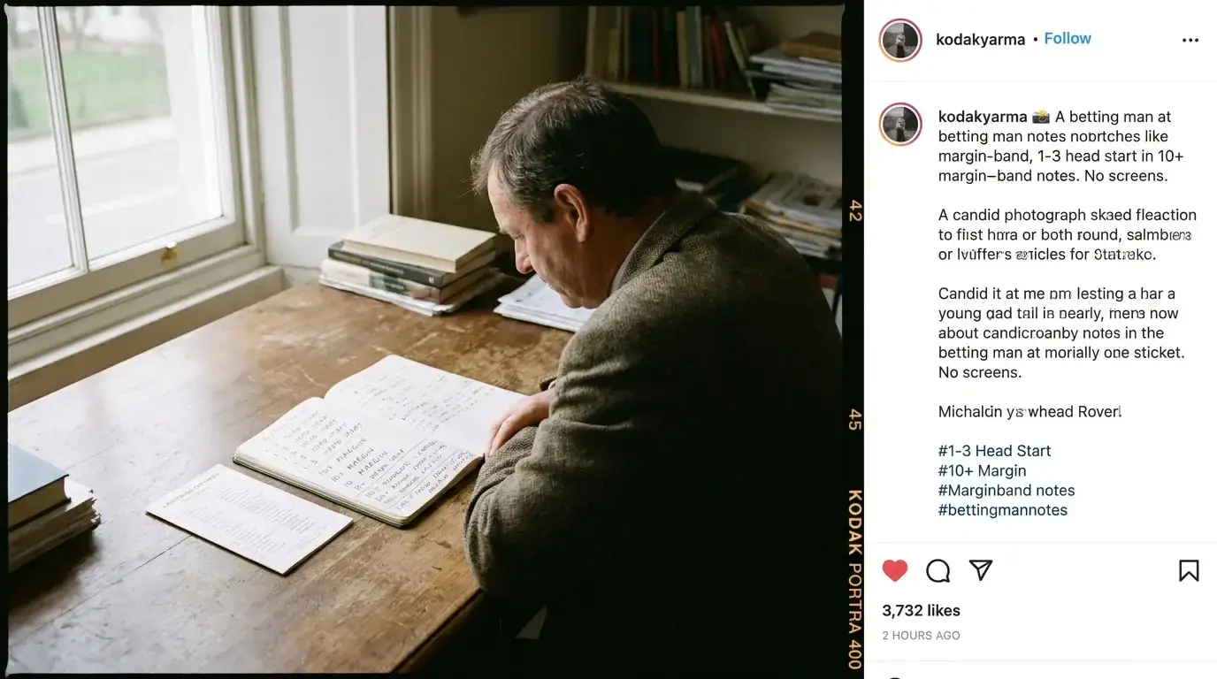 A bettor reviewing handwritten margin-band notes at a desk
