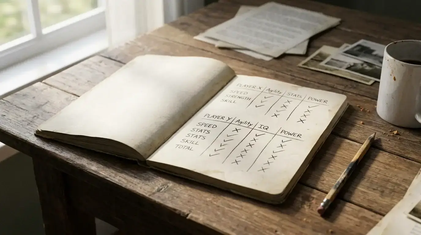 Handwritten paper research notes about individual players