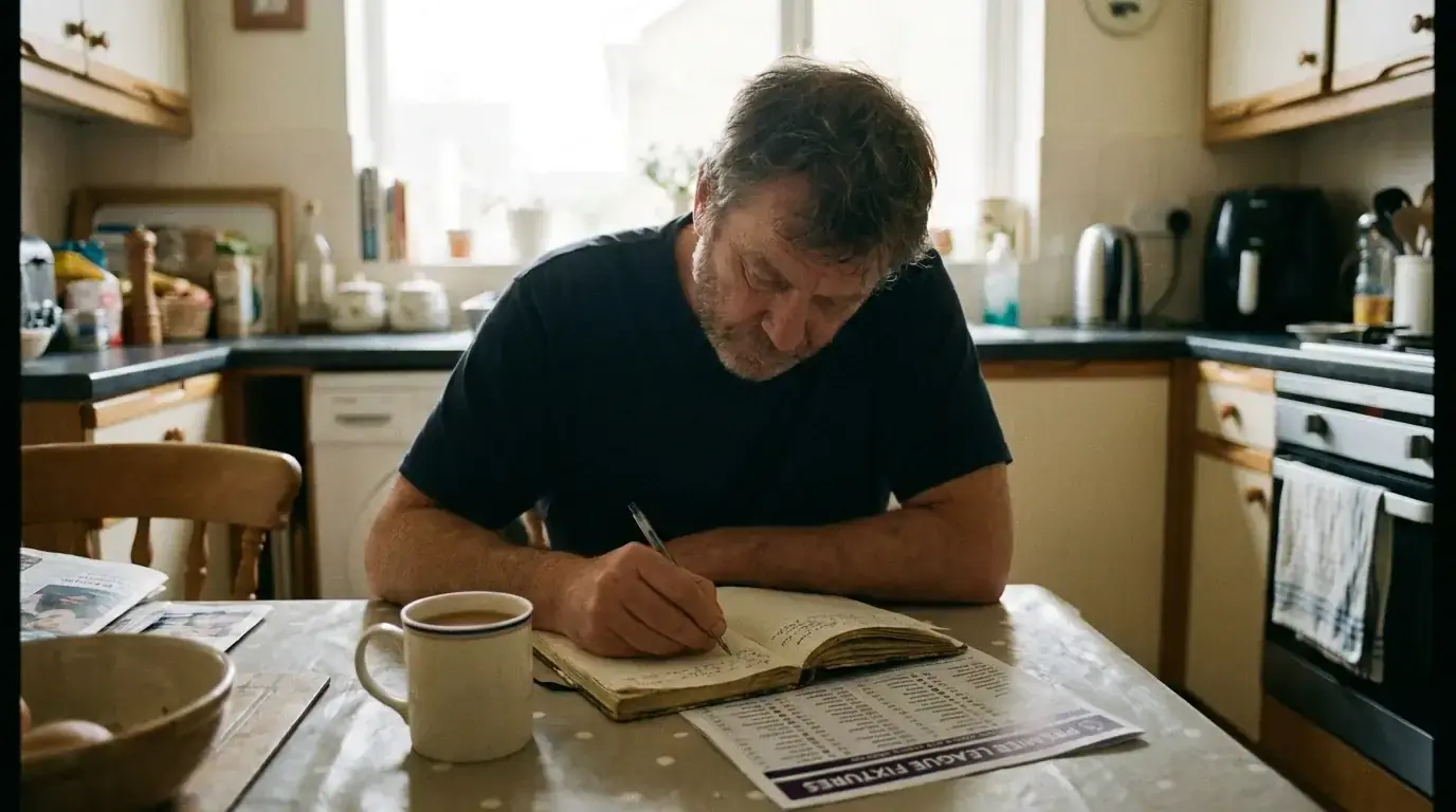 A bettor at a kitchen table writing pre-match notes