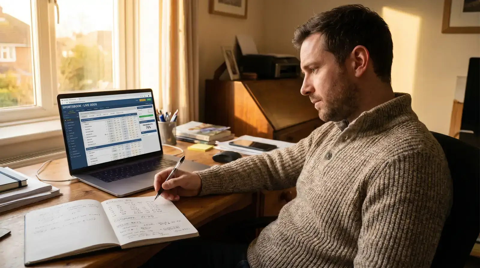 Bettor pausing to convert decimal rugby odds into implied probability before staking
