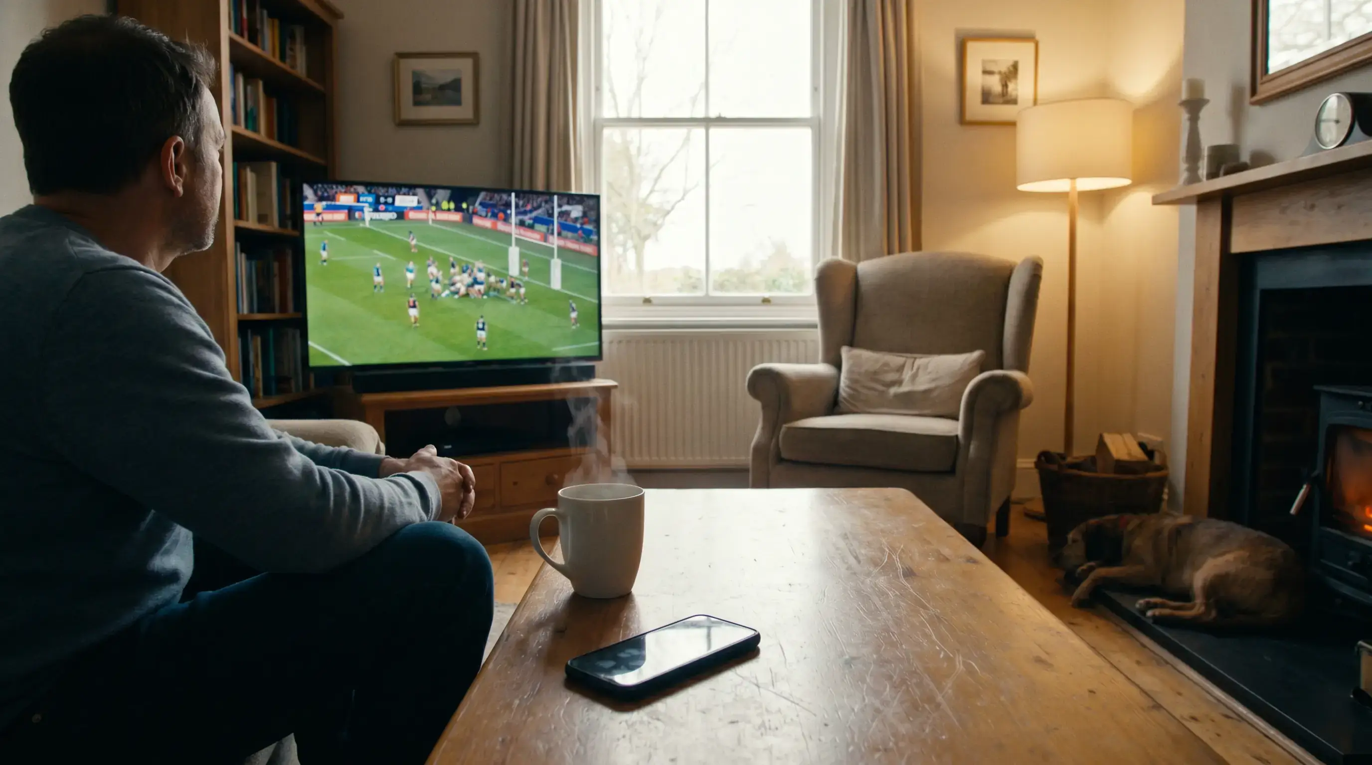 A bettor with mobile face-down on a table beside a mug of tea