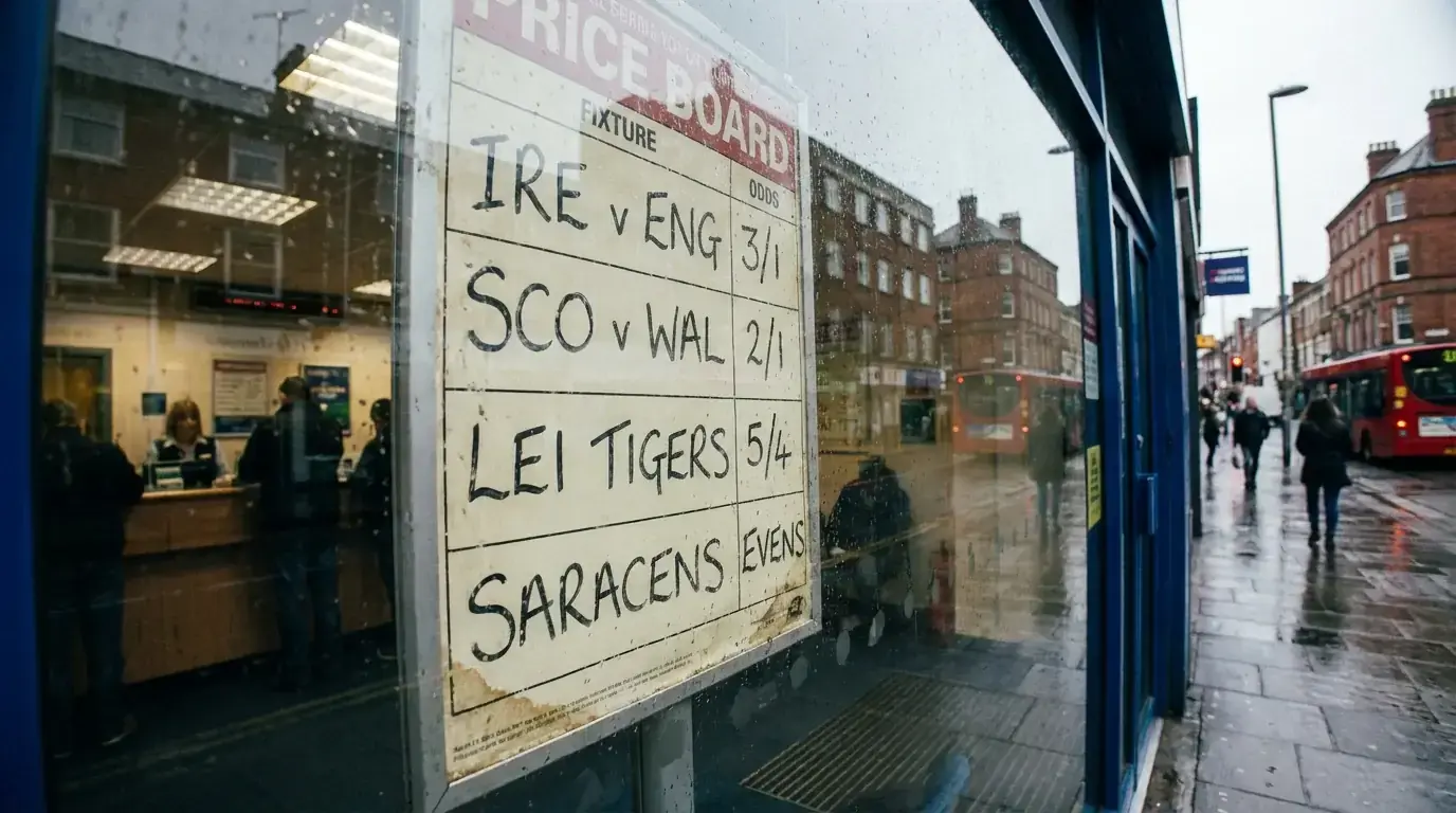High-street bookmaker shop window with a rugby price board behind glass