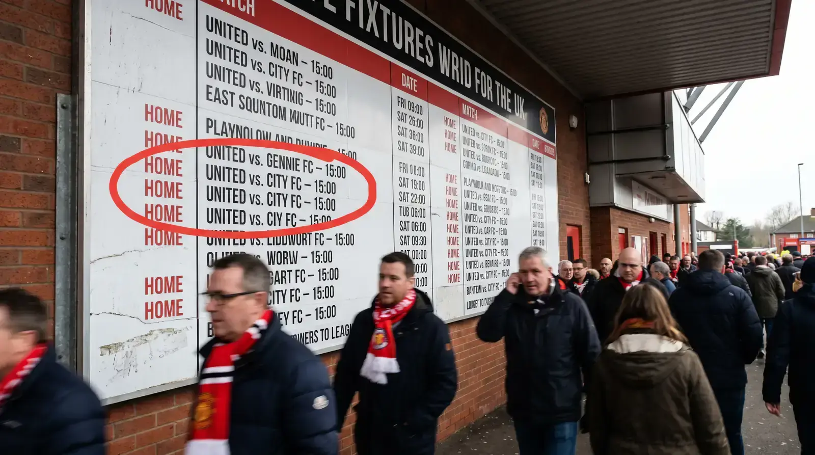 Rugby fixture board on a stadium concourse with one fixture marked