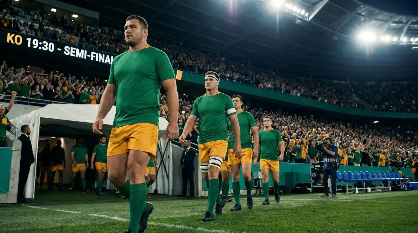 Rugby team in plain green and gold kit walking out into a stadium