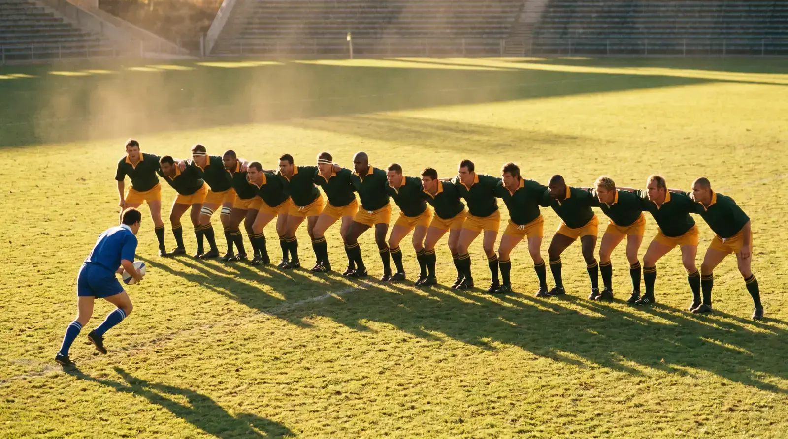 Rugby defensive line standing structure on a sunlit pitch