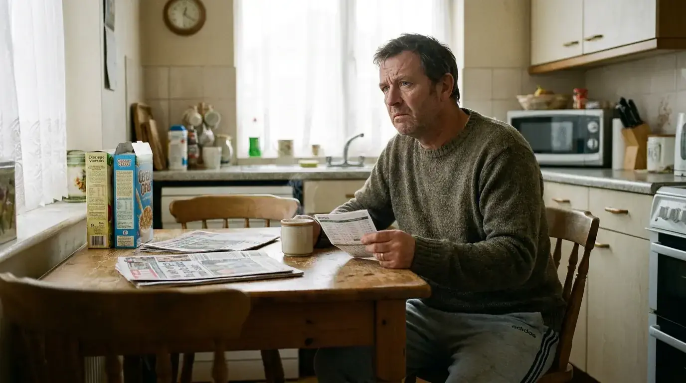 A bettor seated at a kitchen table considering a folded slip