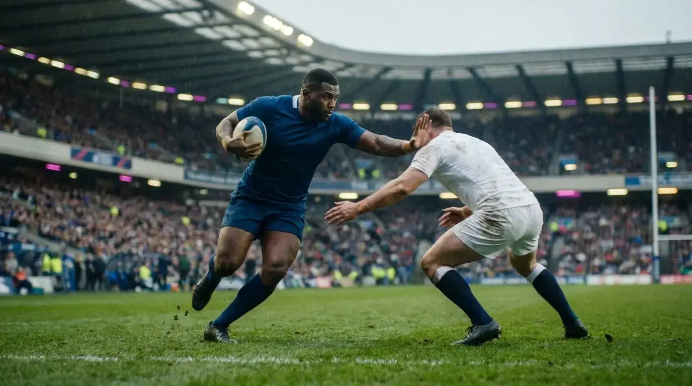 Fast-paced rugby phase play with a player breaking the line