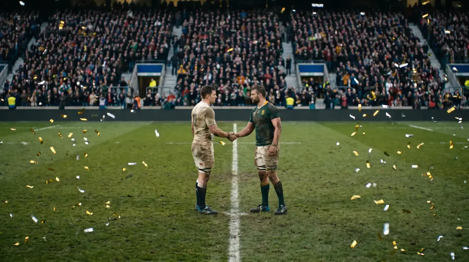 Final whistle scene in a rugby stadium with confetti and overhead view