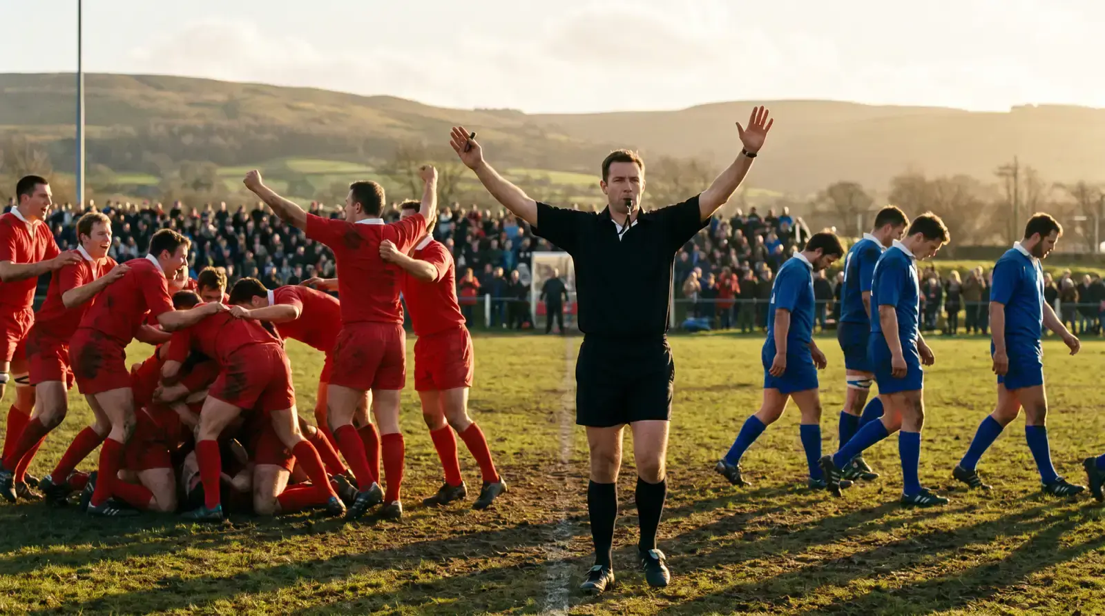Final-whistle scene of a rugby match with a clear winning margin