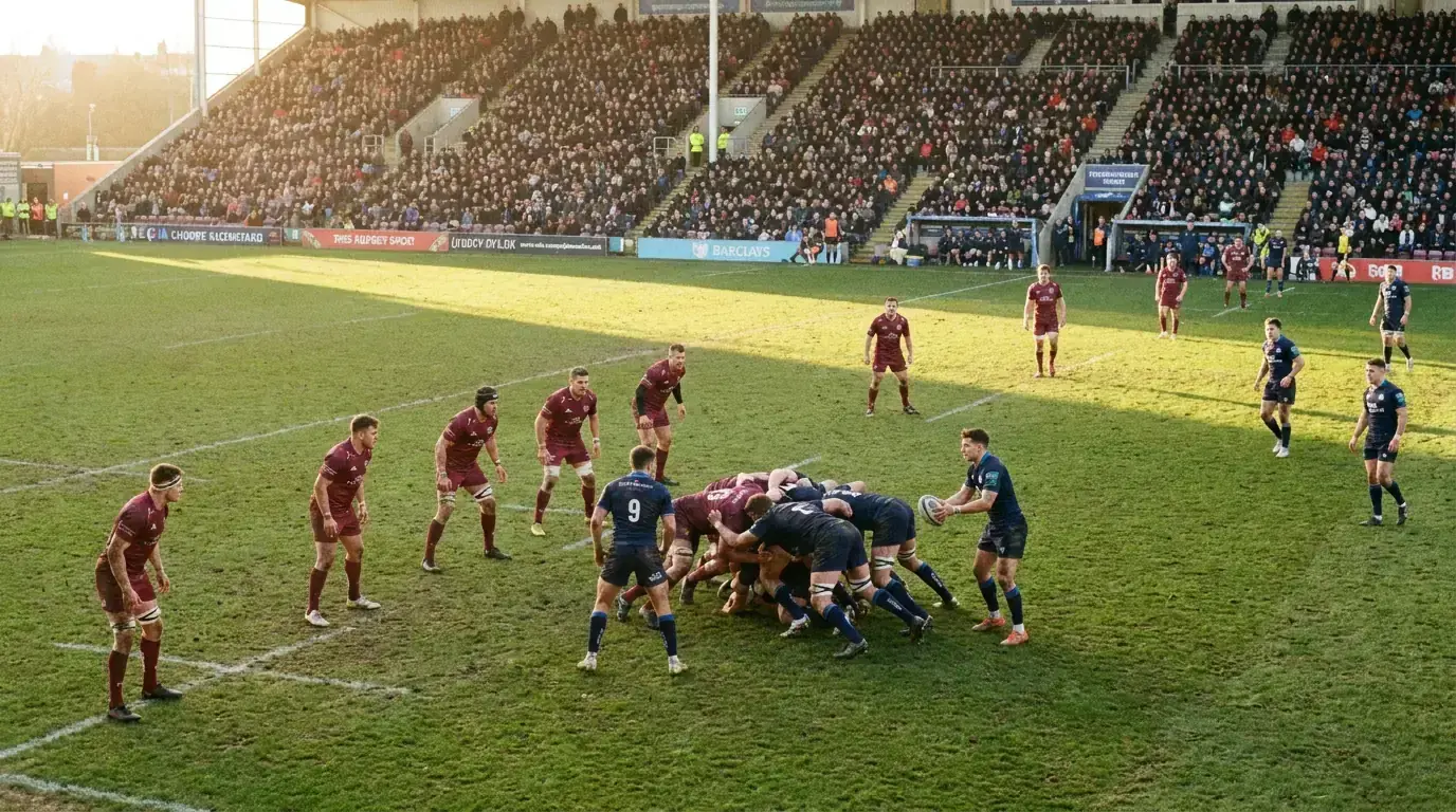 Rugby first-half phase play viewed from elevated stand