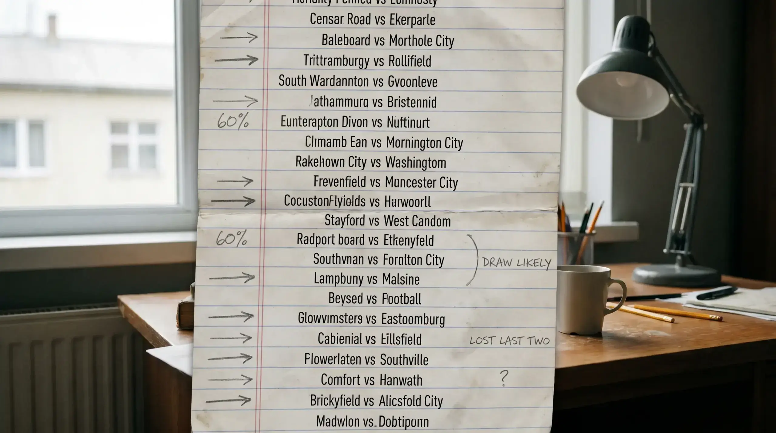 Handwritten fixture list with margin notes about pool probabilities
