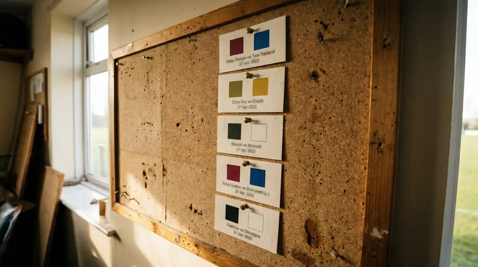 Cork noticeboard with rugby fixture cards pinned in a vertical column