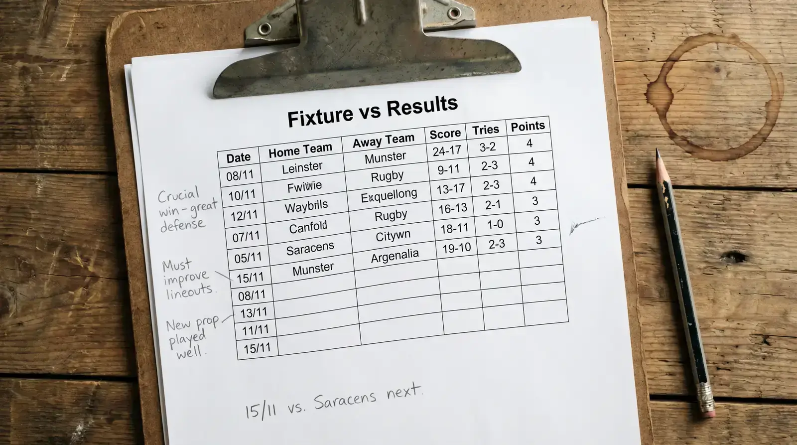 Printed rugby form-data table on a clipboard with handwritten margin notes