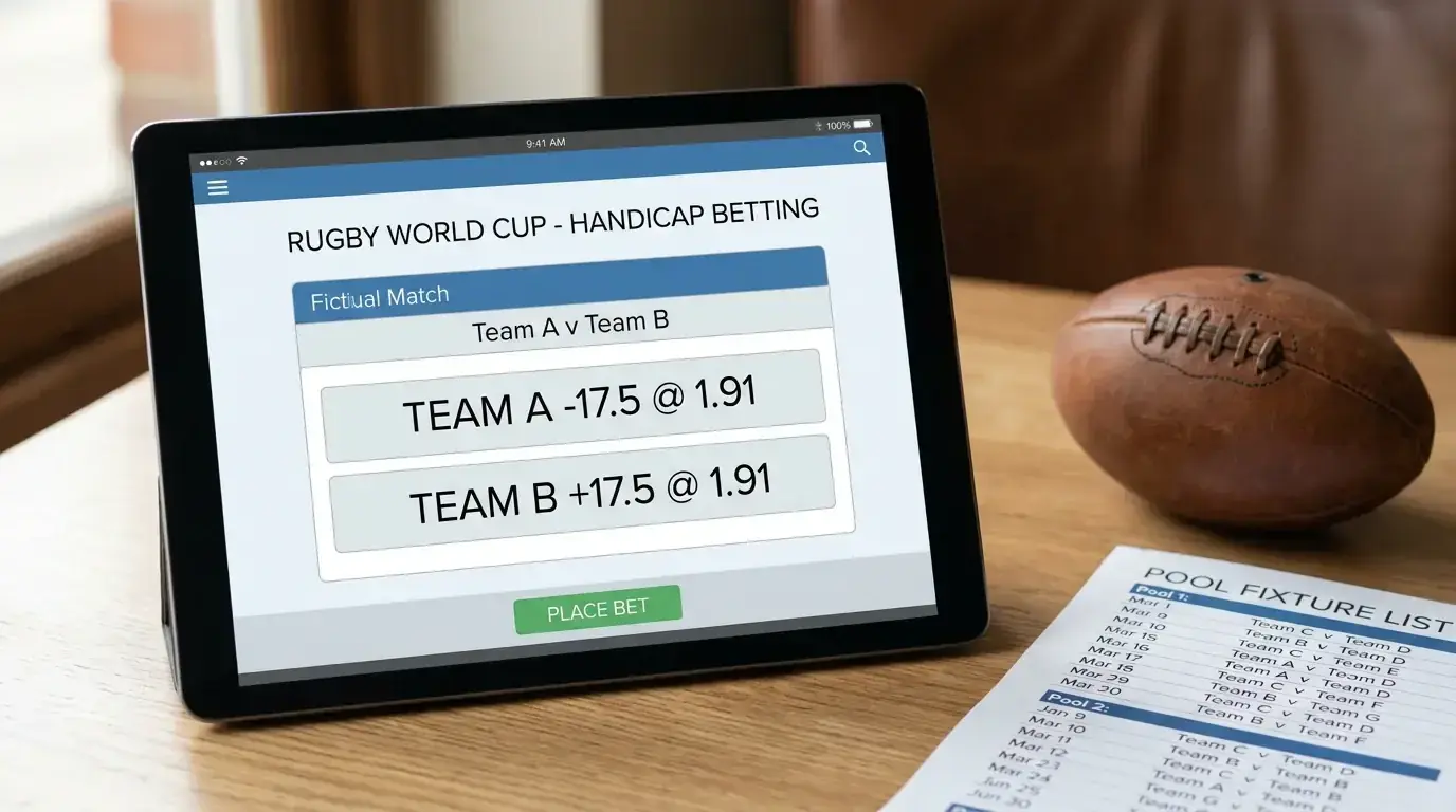 Sportsbook screen showing a Rugby World Cup handicap market with a points start