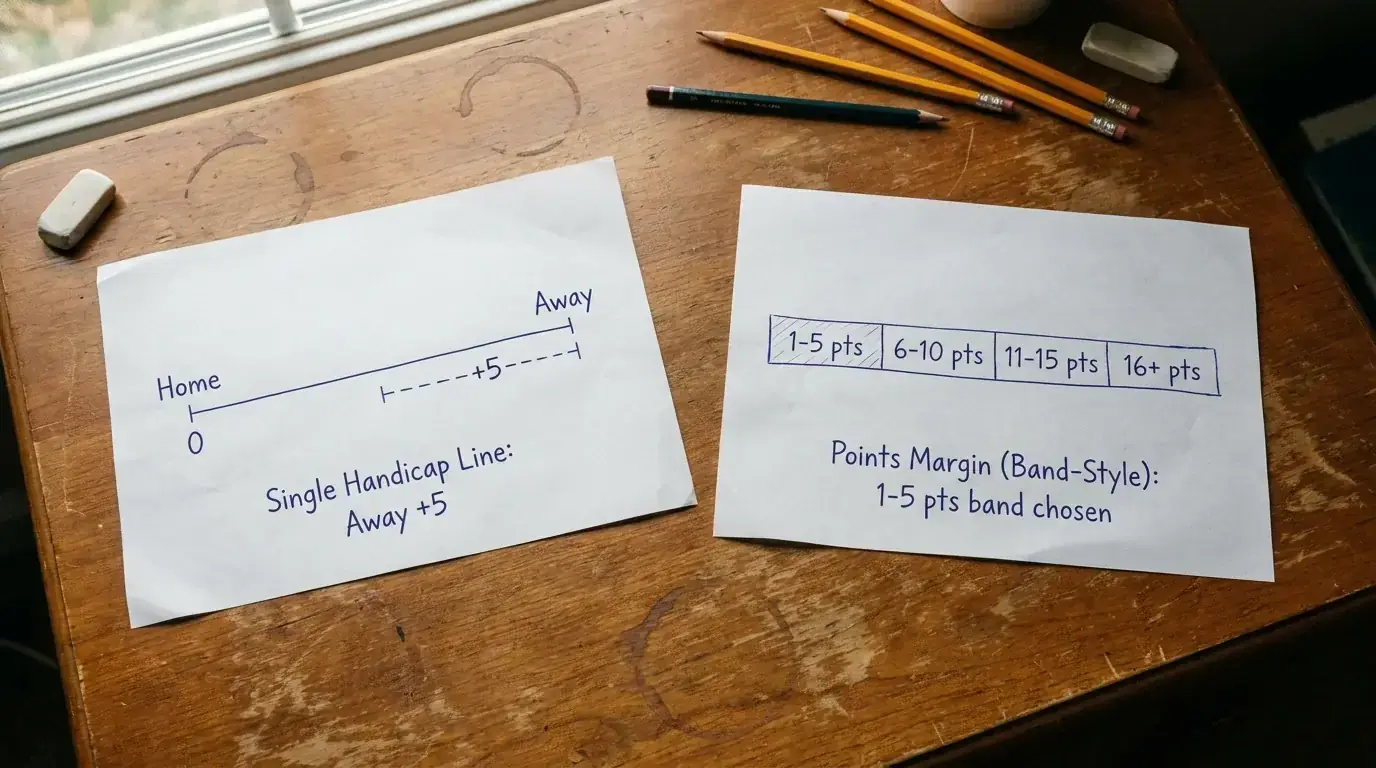 Two paper diagrams side by side showing handicap line versus margin bands