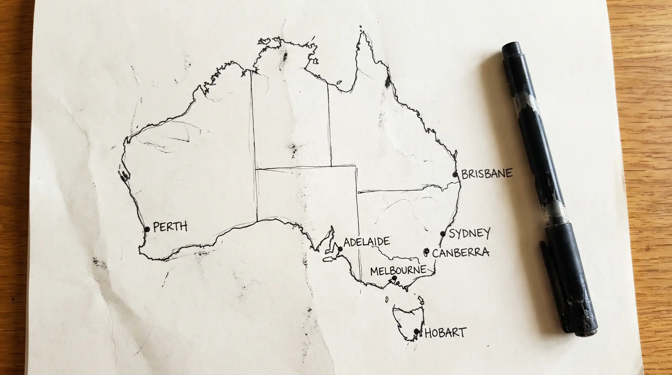 Hand-drawn sketch of Australian host cities on a paper map