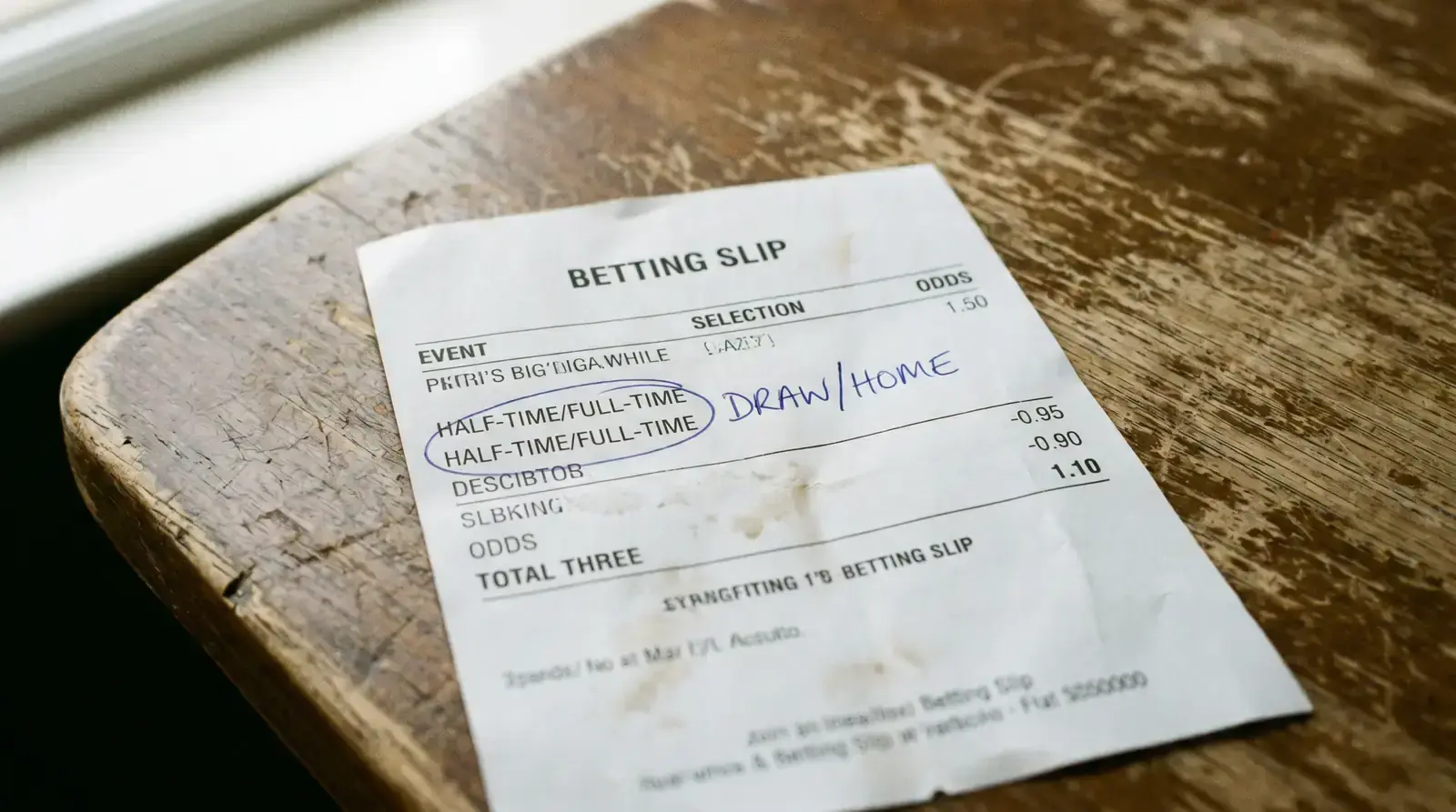 Printed paper slip showing a half-time/full-time selection annotated