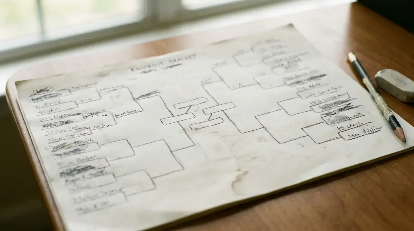 Handwritten knockout bracket sketched on plain paper