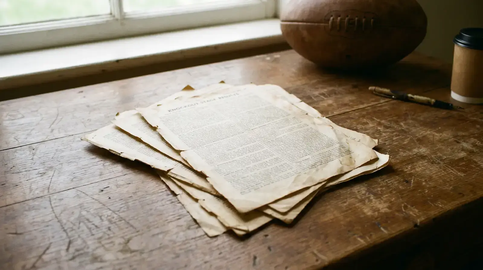 Old printed rugby knockout-stage results on a desk archive