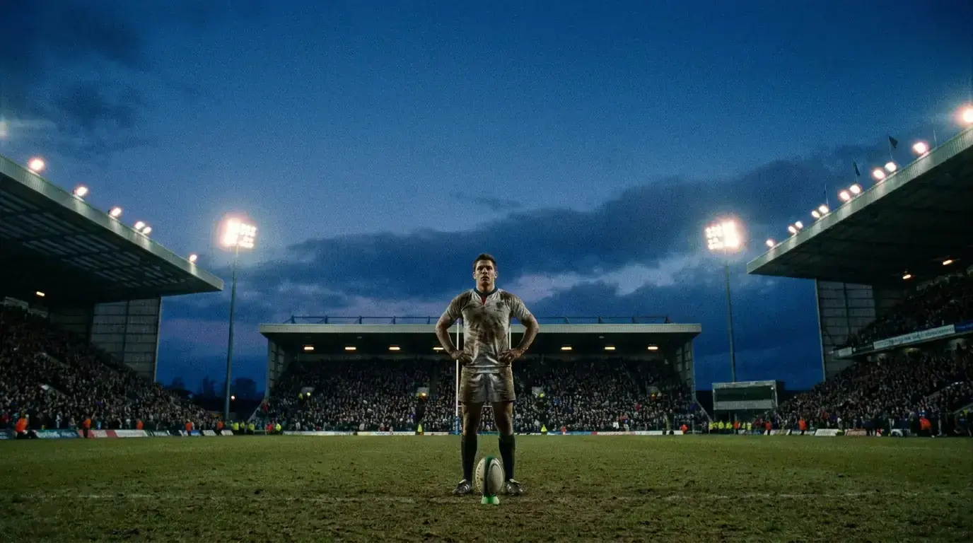 Rugby knockout-stage moment with a player facing a high pressure kick